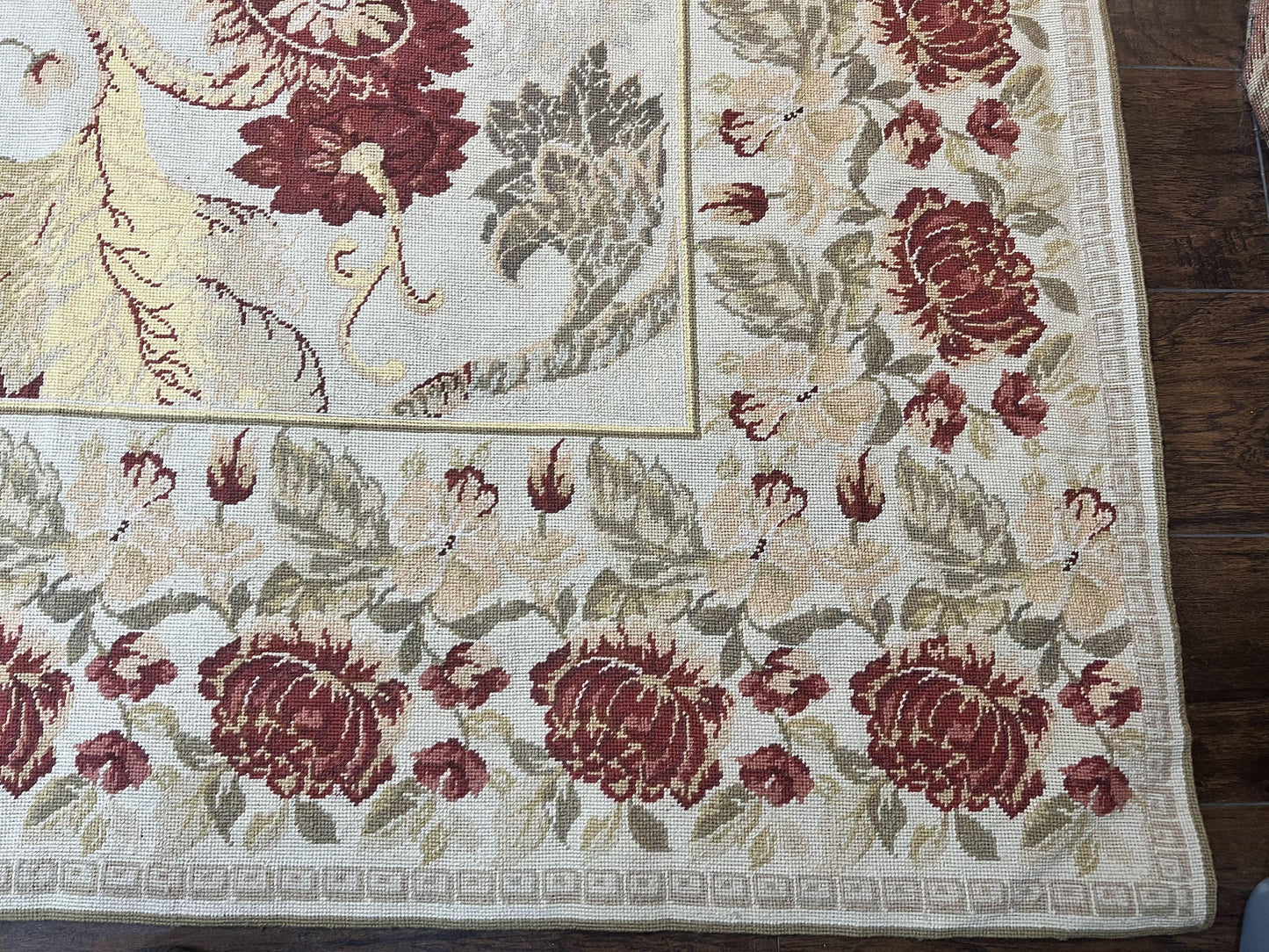 Extra Large Needlepoint Rug 14 x 20, Vintage Handwoven Handmade Wool Flatweave Carpet, Allover Floral Pattern, Elegant European Deisgn Rug