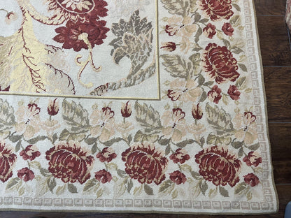 Extra Large Needlepoint Rug 14 x 20, Vintage Handwoven Handmade Wool Flatweave Carpet, Allover Floral Pattern, Elegant European Deisgn Rug