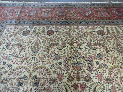 Persian Tabriz Rug 8x10, Antique Authentic Wool Oriental Carpet 8 x 10 ft, Bird Motifs Floral Boteh Paisleys, Cream Red Blue Vintage Handmade Rug