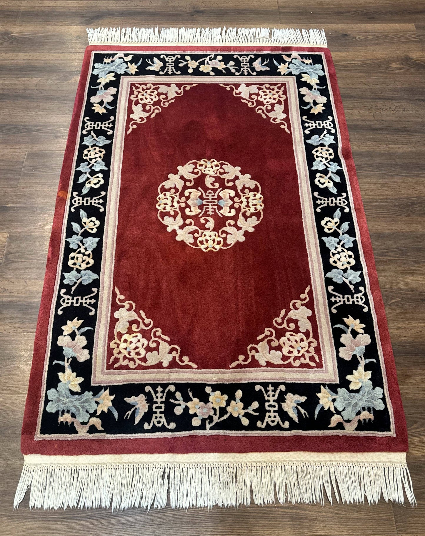 Chinese Wool Rug 4x6 Hand Knotted 90 Line Butterflies Maroon and Black
