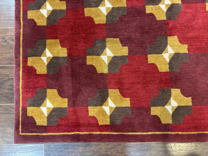Modern Tibetan Rug 5 x 6.8, Wool, Red, Allover Pattern, Nepali Rug, Abstract Rug, Handmade Area Rug