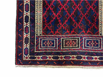 Balouchi Prayer Rug 3x5 Vintage Handmade Tribal Wool Afghan Rug Red Blue