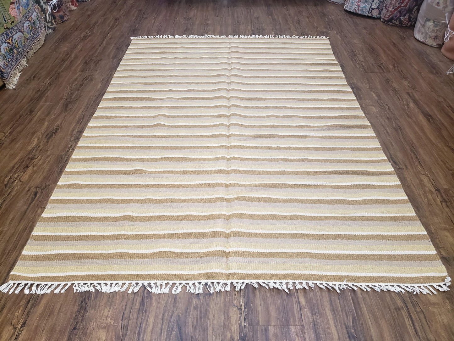 New Indian Striped Blanket, Multicolor Earthern Tones Kilim Rug, Wool Handmade South American Style Blanket, Queen Sized Bedspread 5x8 - 6x8