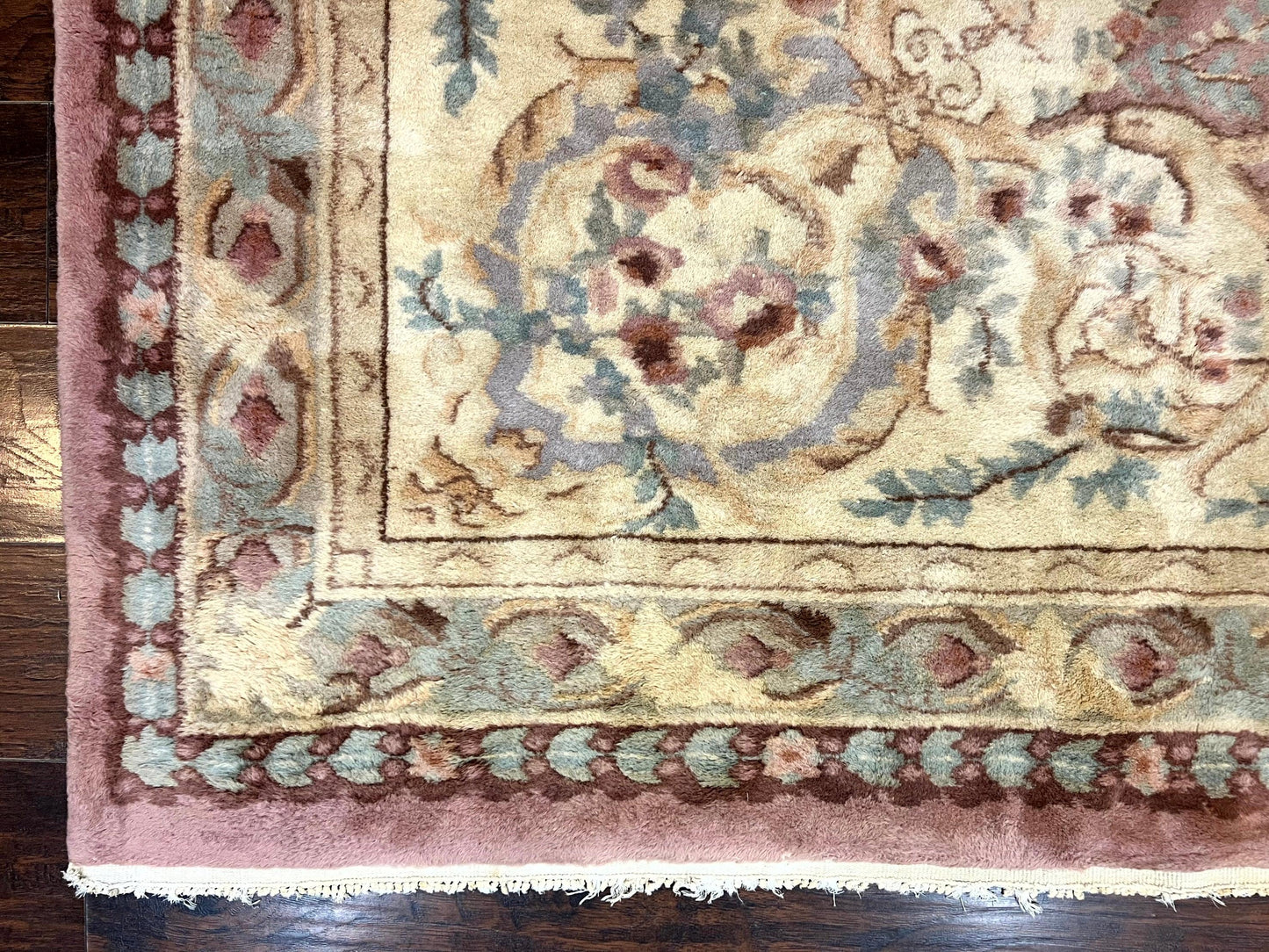 Indo Chinese Aubusson Wool Rug 10x14, Pink and Cream, Handmade Vintage Wool Carpet, Elegant European Design