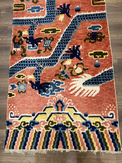 Rare Chinese Ningxia Pillar Rug 3x8, Late Qing Dynasty, 5 Clawed Dragon, Cloud Rainbow Border, Collectible Antique Carpet, Wool Hand Knotted