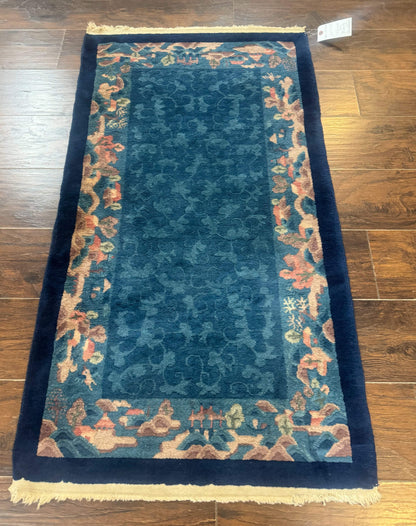 Blue Chinese Wool Rug Hand Knotted Peking Area Rug Semi Antique 2.5 x 4