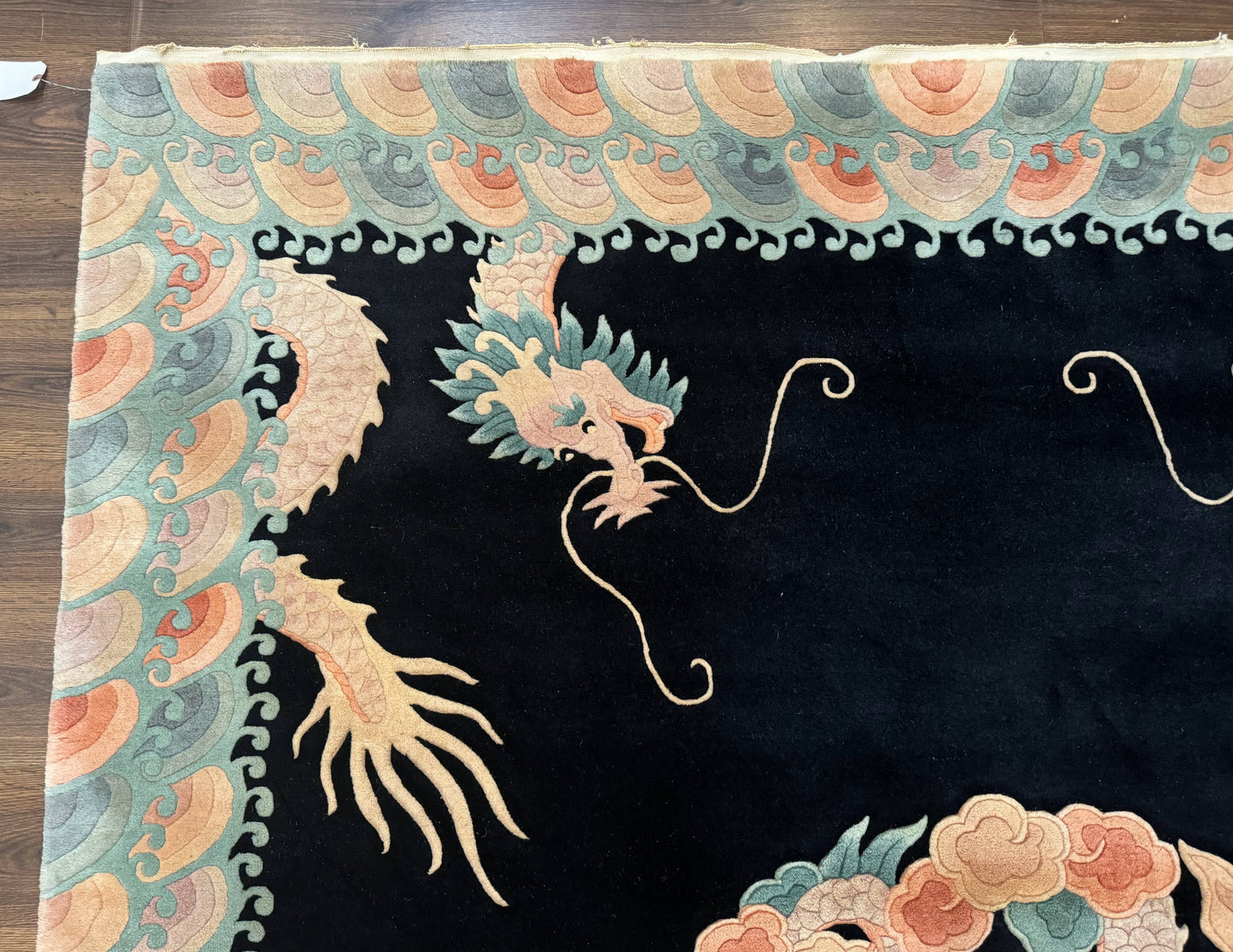 Black Chinese Wool Rug 8x10 Hand Knotted Dragons With Rainbow Borders