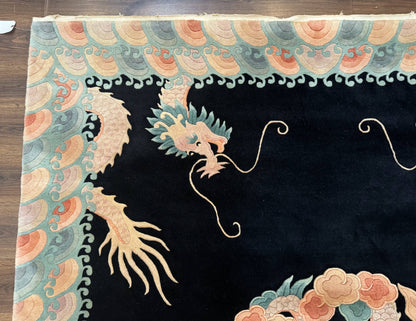 Black Chinese Wool Rug 8x10 Hand Knotted Dragons With Rainbow Borders