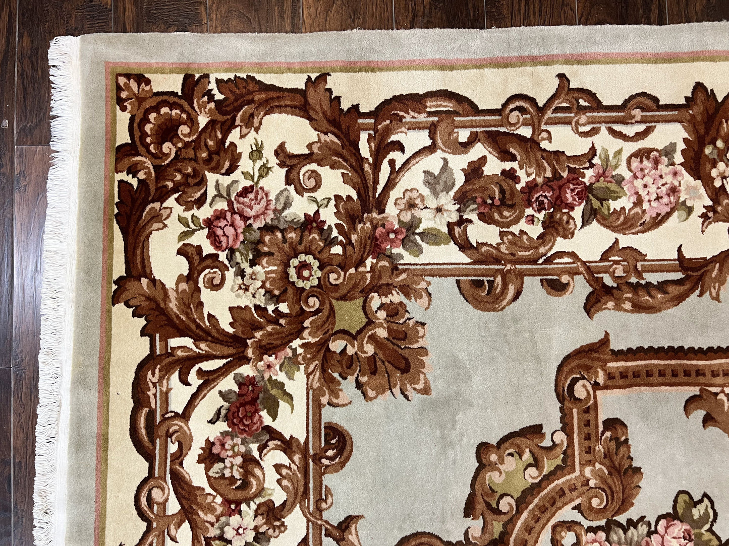 Aubusson Rug 10x13, Cream and Light Mint Green Hand Knotted Handmade French Savonnerie European Carpet, Wool Pile, Large Room Sized Vintage