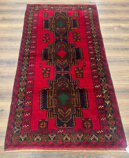 Afghan Balouch Rug Red 4x7 Handmade Wool Area Carpet Triple Medallions