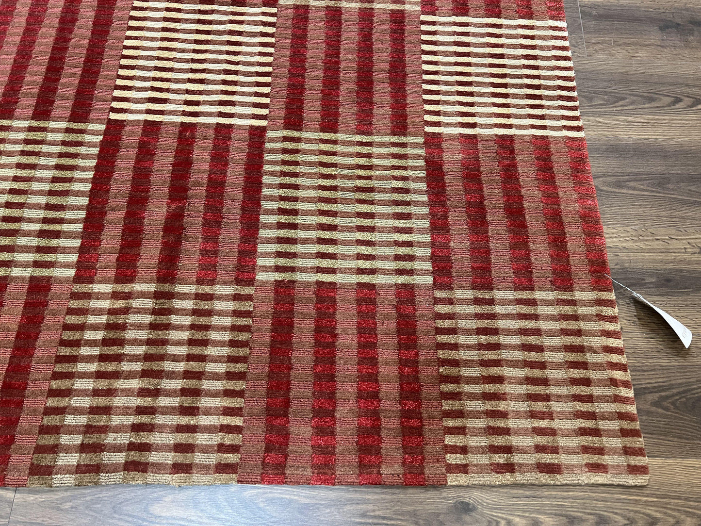 Modern Tibetan Rug 8x10, Hand Knotted Contemporary Nepali Carpet 8 x 10, Checkerboard Design, Red Cream Light Brown, Very Fine Wool & Silk