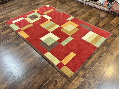 Indo Tibetan Modern Rug 5x8, Abstract Rug 5 x 8 ft, Red Multicolor Wool Handmade Contemporary Area Rug