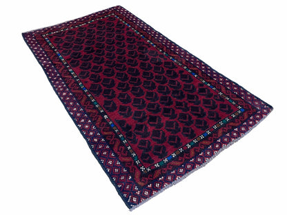 Balouchi Rug Vintage Handmade Wool Afghan Area Rug Red Blue 2 Ft 8 In By 4 Ft 6 In