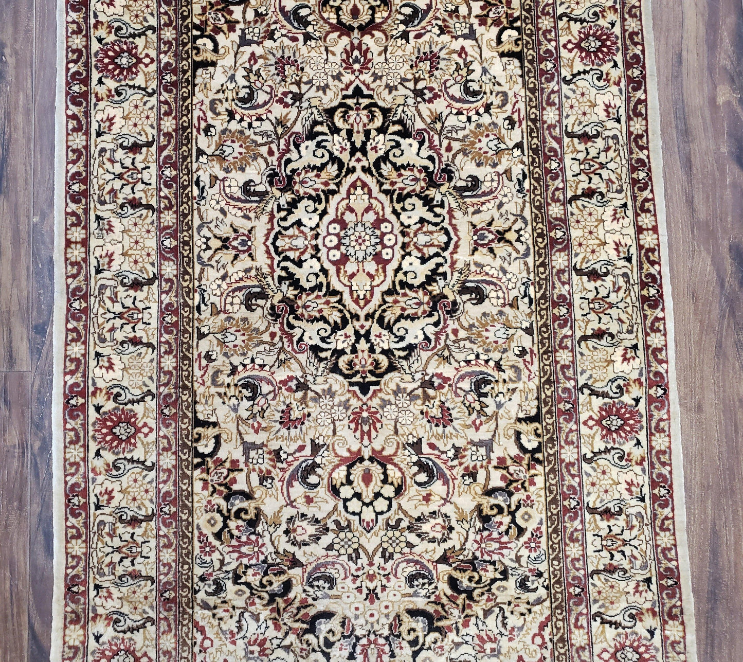 Silk Oriental Rug 1' 7" x 3', Very Fine Silk Carpet, Small Silk Rug, Traditional Floral Medallion, Hand-Knotted Cream Beige Vintage Silk Rug