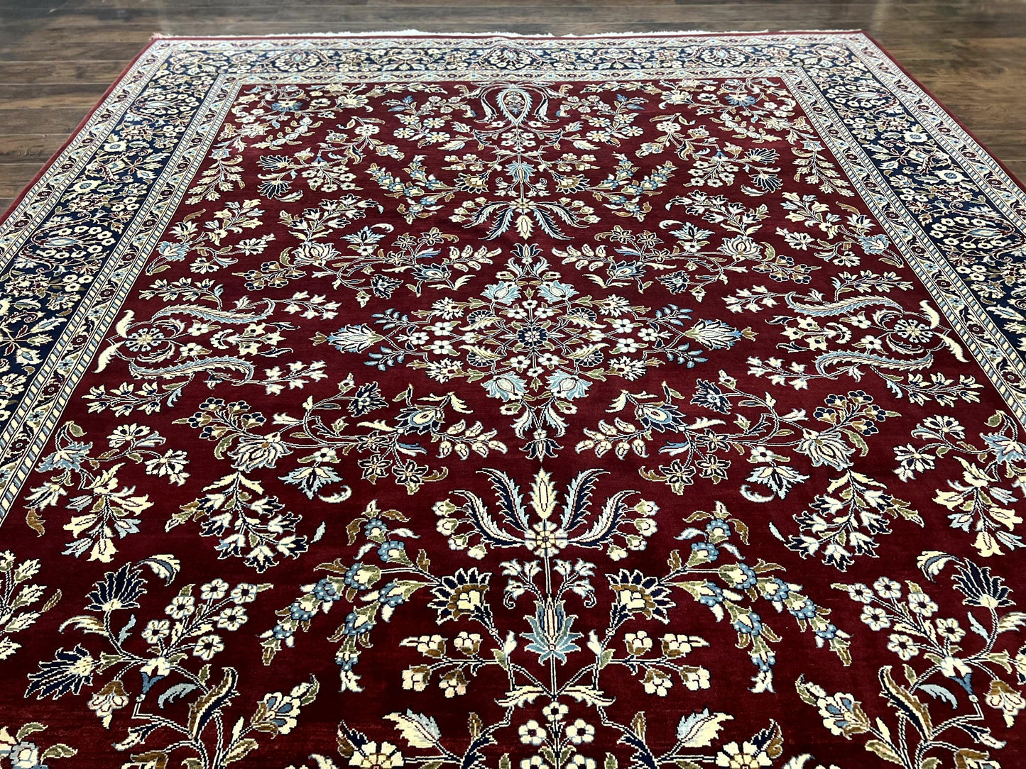 Indo Persian Sarouk Rug 9x12, Floral Allover, Dark Red & Navy Blue, Handmade Vintage Wool Carpet