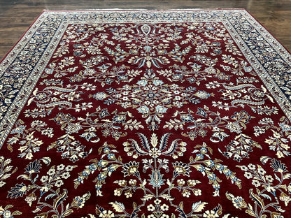 Indo Persian Sarouk Rug 9x12, Floral Allover, Dark Red & Navy Blue, Handmade Vintage Wool Carpet