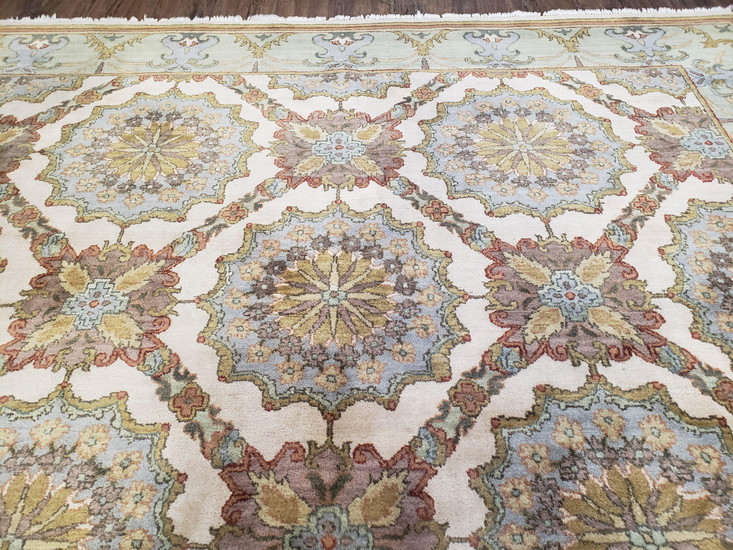 Indo Sultanabad Area Rug 8 x 9.5, Wool Hand-Knotted Ivory Green Teal Decorative Rug, Floral Panel Carpet, Indian Rug, 8 x 10 Bedroom Rug