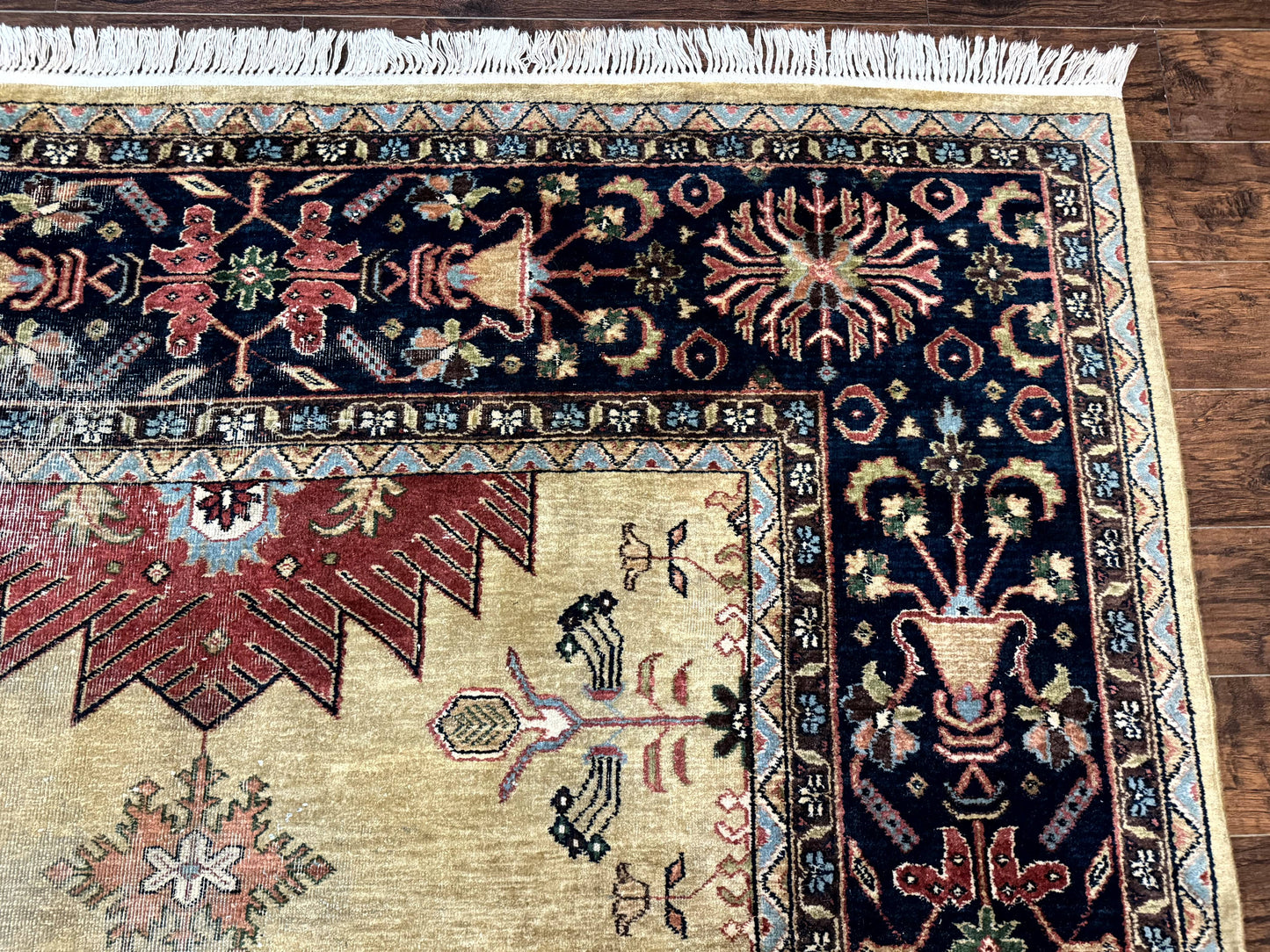 Indo Persian Heriz Rug 8x12 Hand Knotted Wool Decorative Vintage Area Rug Camel Hair Tan And Navy Blue