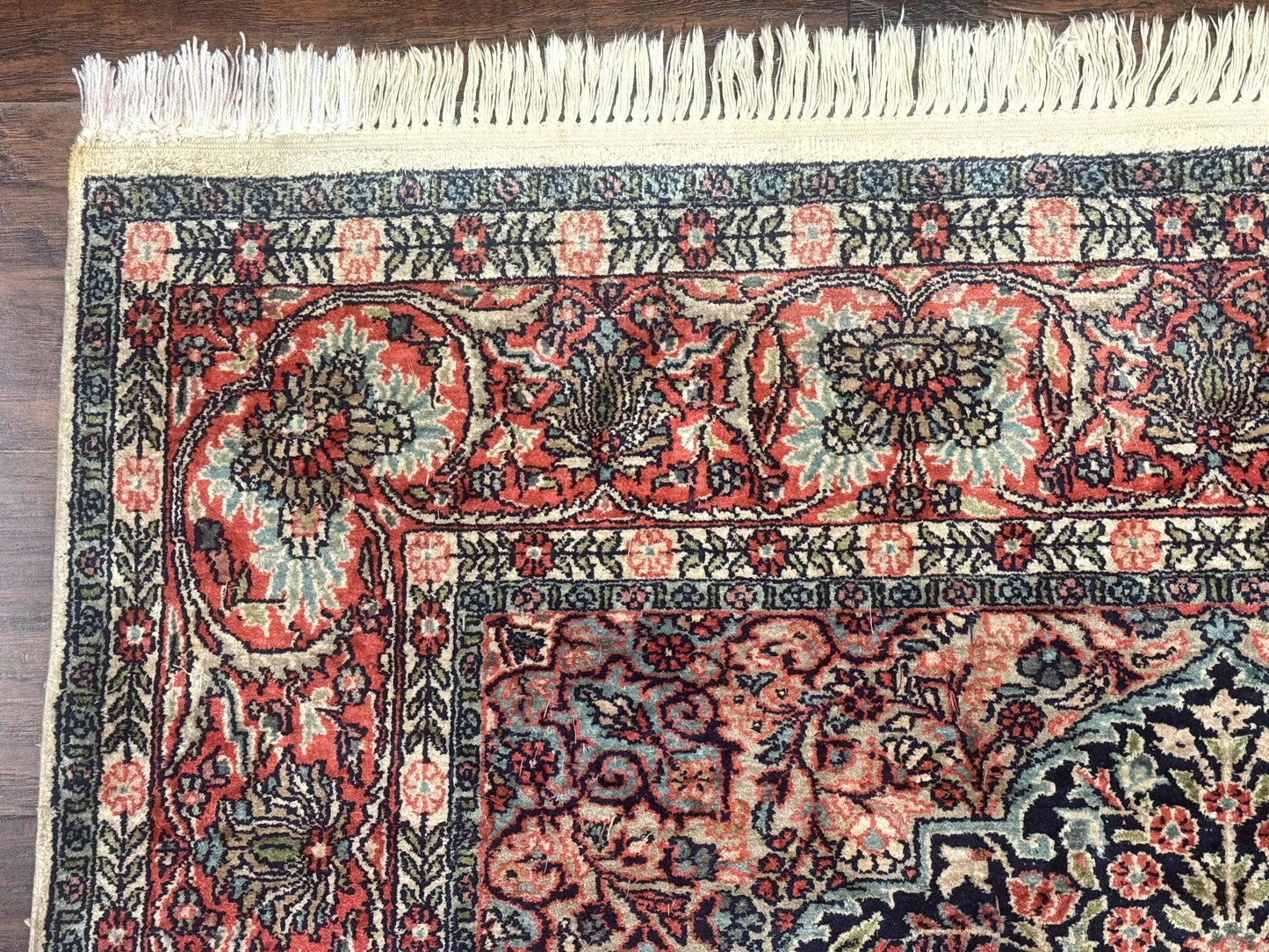 Kashmiri Silk Rug 4x6 Tree Of Life Birds Handmade Navy Red Oriental Carpet