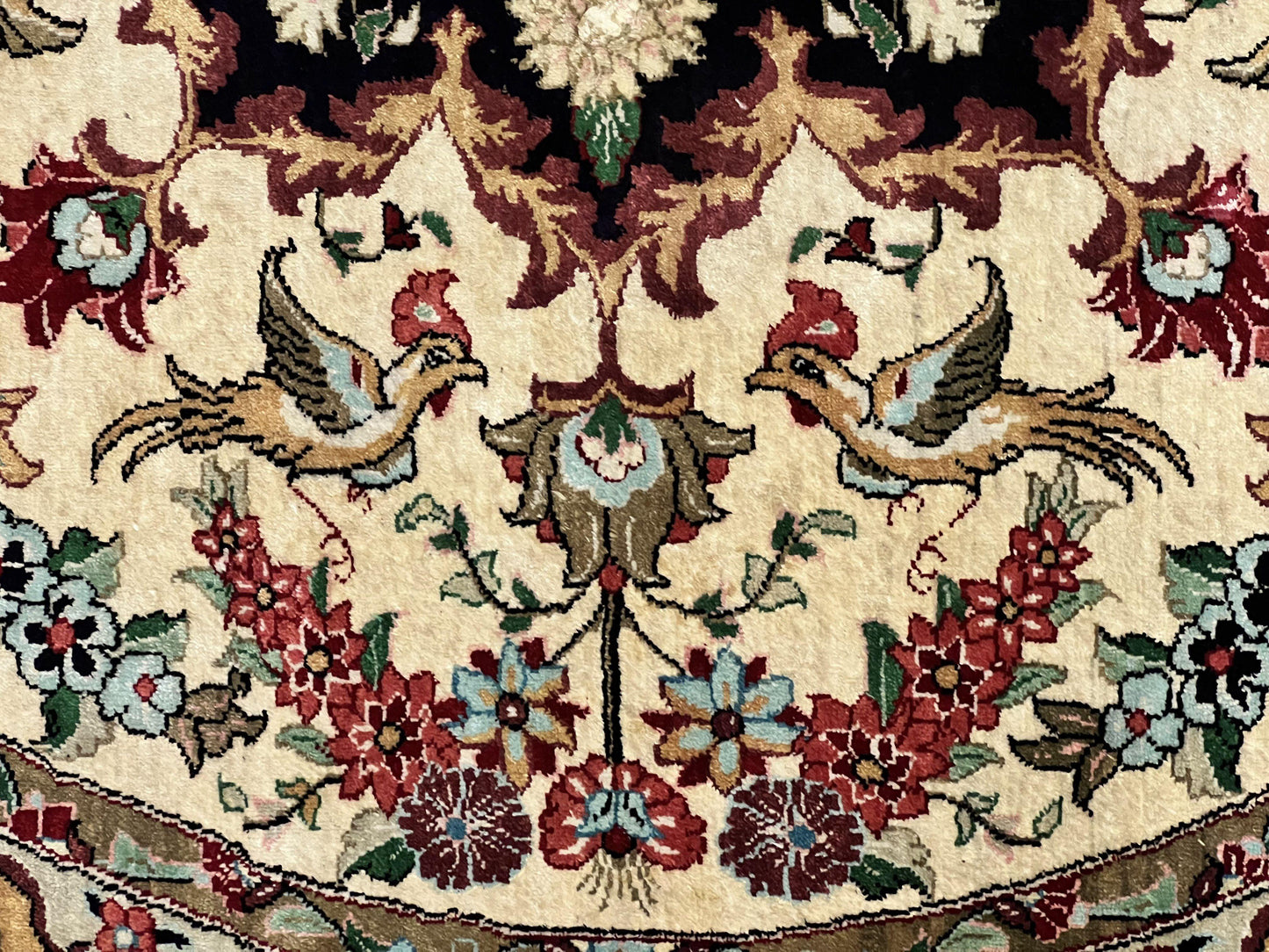 Silk Persian Tabriz Round Rug 3x3 Ft Hand Knotted Carpet Cream Gold Floral Birds