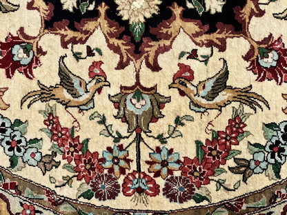 Silk Persian Tabriz Round Rug 3x3 Ft Hand Knotted Carpet Cream Gold Floral Birds