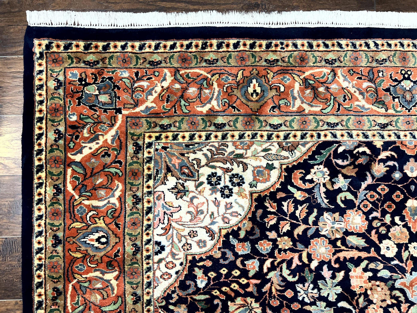 Indo Persian Rug 8x10 Handmade Wool Floral Medallion Midnight Blue Red Vintage Carpet