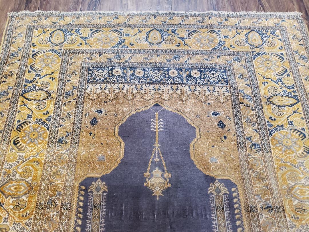 Rare Turkish Ghiordes Prayer Rug 4 x 5.8 ft, Late 19th Century Turkish Oriental Carpet, Mehrab Antique Prayer Rug, Museum Quality, Blue, Tan