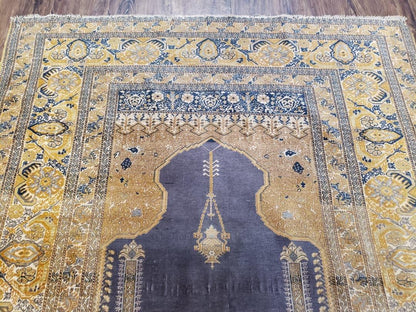 Rare Turkish Ghiordes Prayer Rug 4 x 5.8 ft, Late 19th Century Turkish Oriental Carpet, Mehrab Antique Prayer Rug, Museum Quality, Blue, Tan