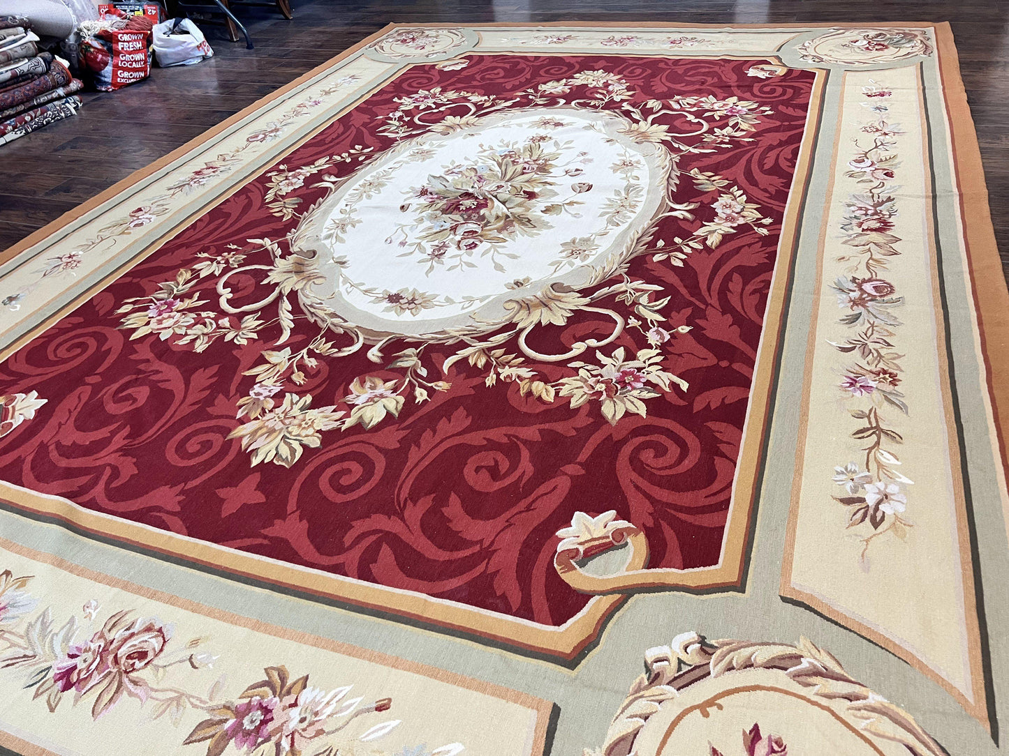 Large Aubusson Rug 10x14, Wool Handmade Vintage Carpet, Dark Red Ivory Tan, French European Elegant Aubusson Weave Rug