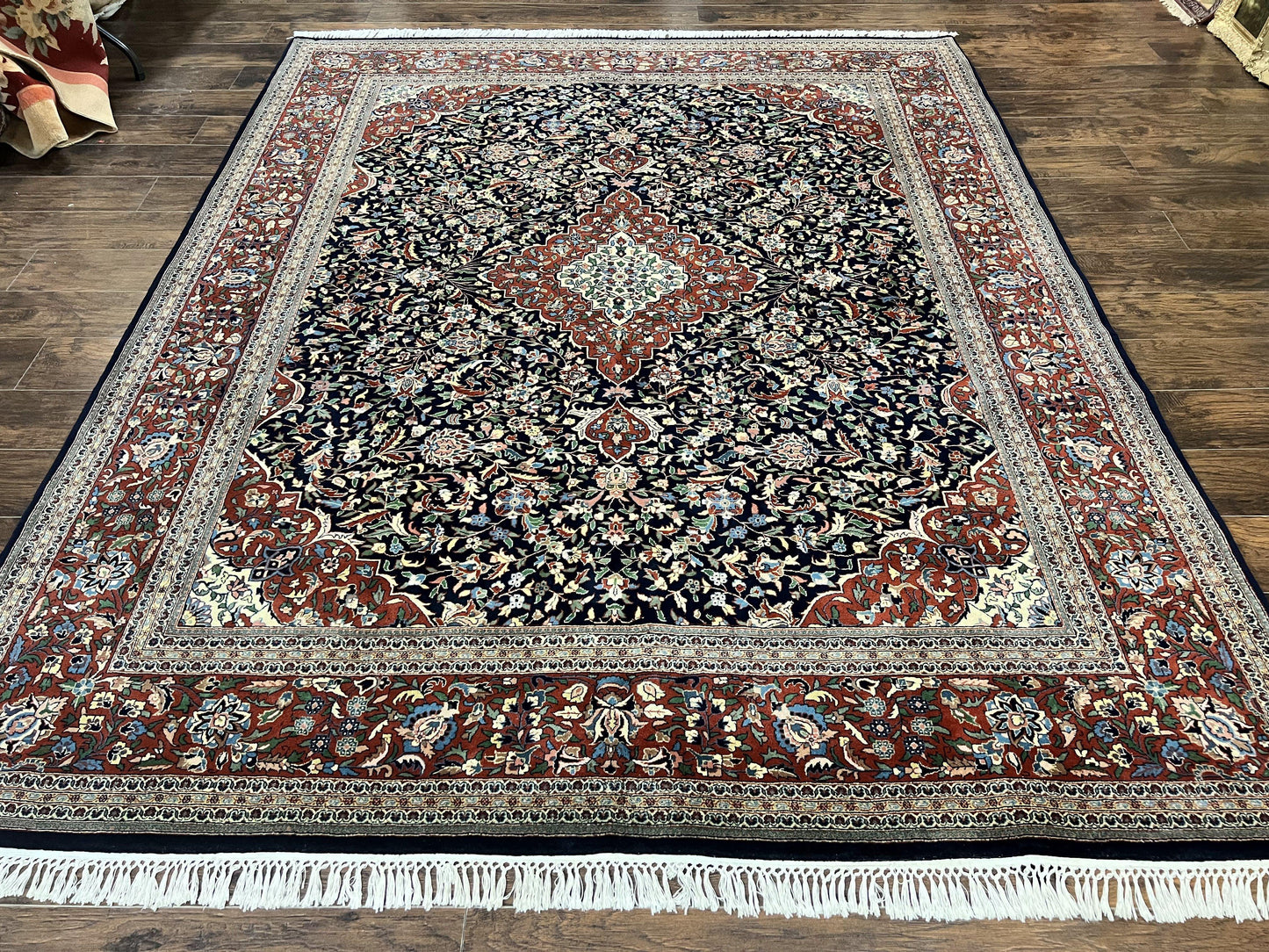 Indo Persian Rug 8x10 Floral Medallion Vintage Handmade Wool Carpet Navy Blue Red 300 KPSI