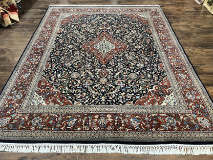 Indo Persian Rug 8x10 Floral Medallion Vintage Handmade Wool Carpet Navy Blue Red 300 KPSI