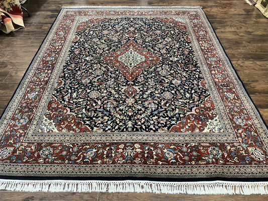 Indo Persian Rug 8x10 Floral Medallion Vintage Handmade Wool Carpet Navy Blue Red 300 KPSI