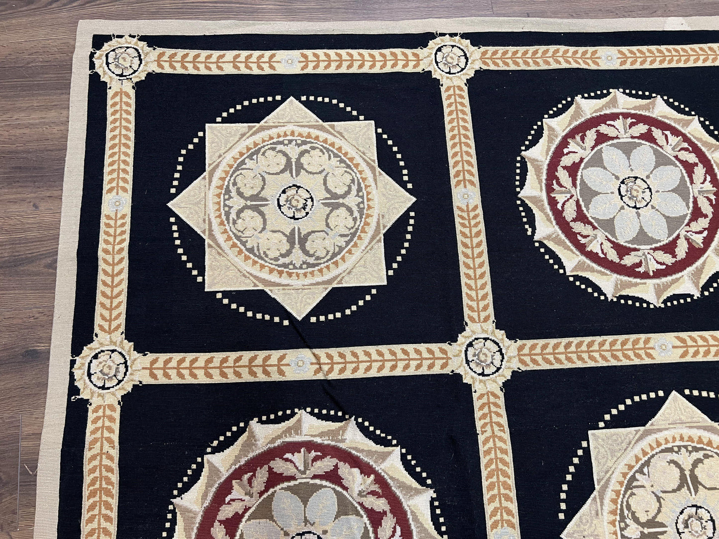 Large Needlepoint Rug 10x13, Panel Design, Black and Beige, Wool Needlepoint Carpet 10 x 13, English Garden, Handwoven Area Rug, Living Room