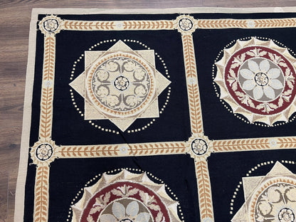 Large Needlepoint Rug 10x13, Panel Design, Black and Beige, Wool Needlepoint Carpet 10 x 13, English Garden, Handwoven Area Rug, Living Room