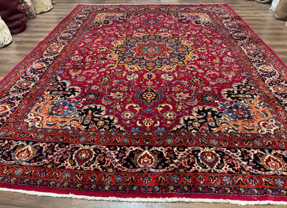 Red Persian Mashad Rug 10x13 - Floral Medallion Signed By Masterweaver