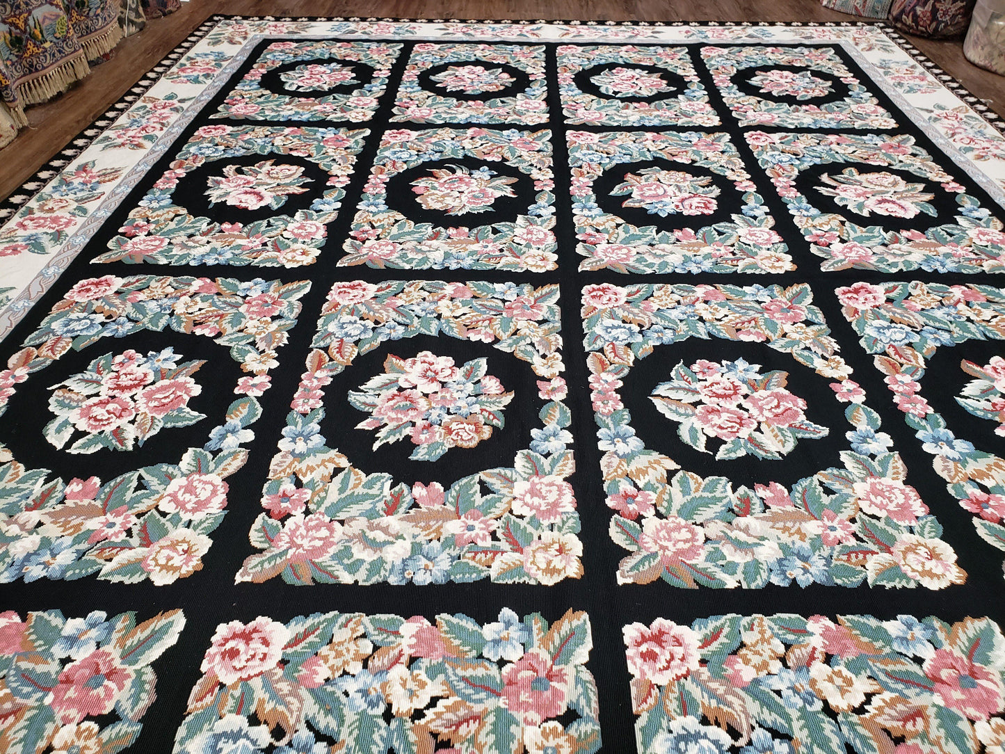 Floral Needlepoint Rug 9.5 x 13.6, Floral Panel Design, Black and Ivory Flatweave Aubusson Carpet, Multicolor