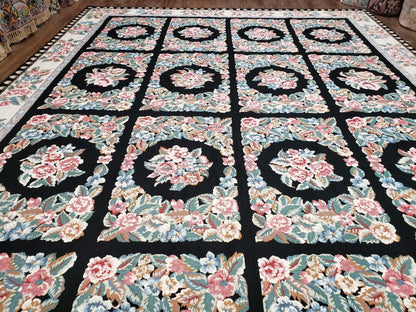 Floral Needlepoint Rug 9.5 x 13.6, Floral Panel Design, Black and Ivory Flatweave Aubusson Carpet, Multicolor