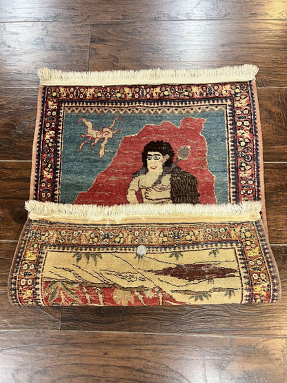 Antique Persian Kirman Rug 2 x 2.5, Small Hand Knotted Wool Carpet, Lavar Rug, Shepherd with Ram Pictorial Rug #1