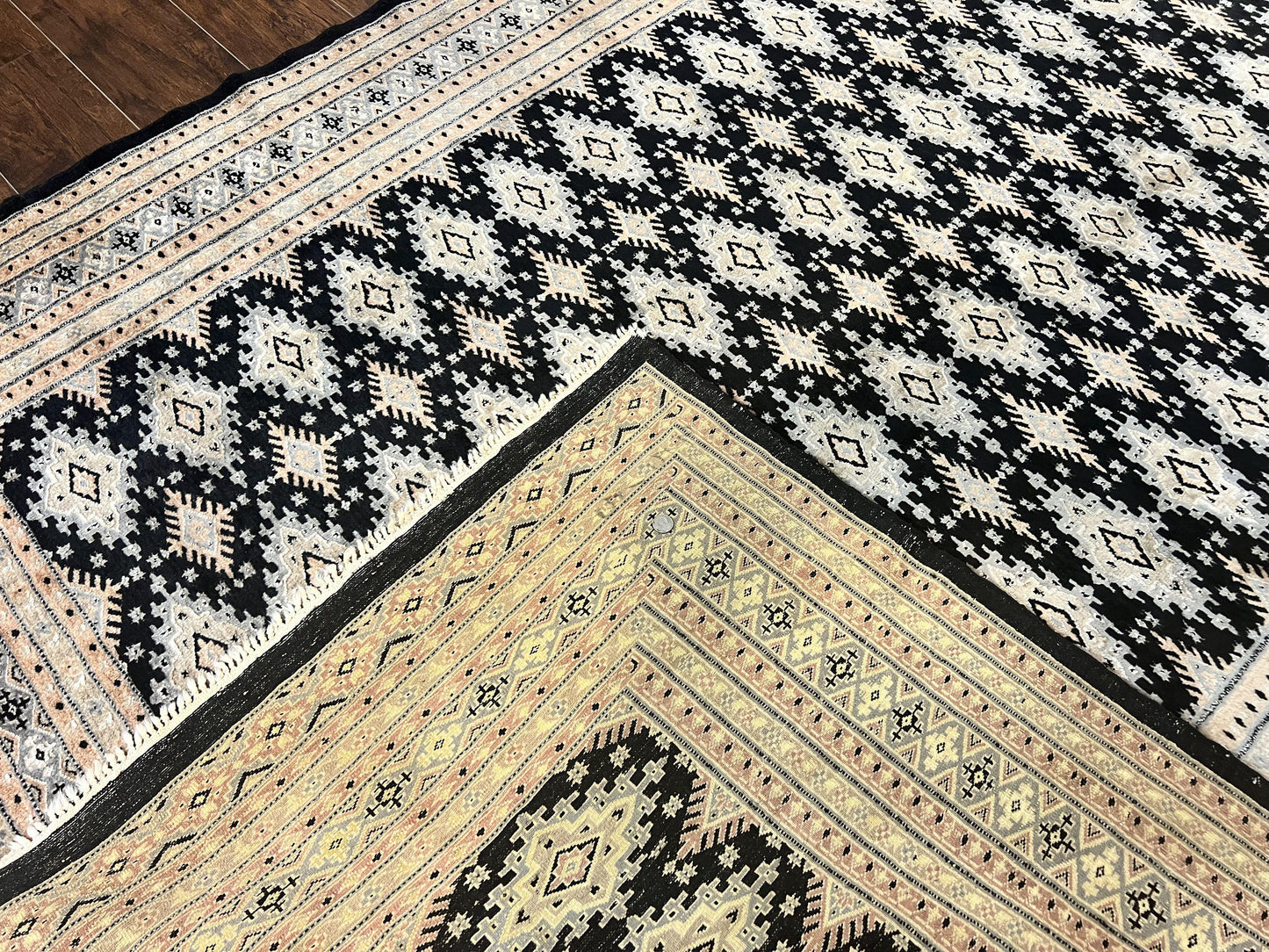 Pakistani Bokhara Rug 6x9, Hand Knotted Vintage Wool Carpet with Silk Highlights, Very Fine 320 KPSI, Medium Size