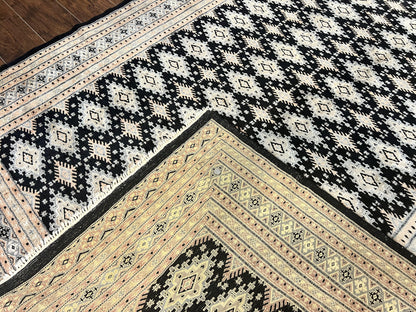 Pakistani Bokhara Rug 6x9, Hand Knotted Vintage Wool Carpet with Silk Highlights, Very Fine 320 KPSI, Medium Size