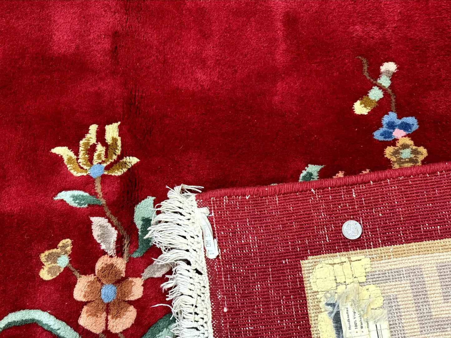 Indo Chinese Wool Rug 9x12, Red Art Deco Carpet, Vintage