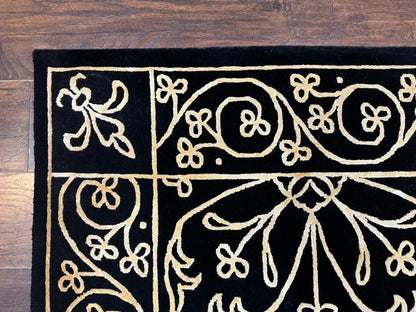 Tibetan Rug 8x10 Wool Silk Handmade With Raised Pattern Black And Gold Floral