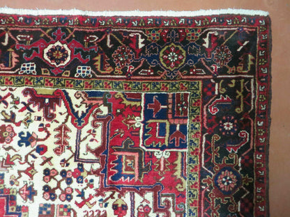 Persian Heriz Rug Hand Knotted Wool Red Ivory Dark Blue 8 Foot 6 Inch By 11 Foot Geometric Medallion Semi Antique