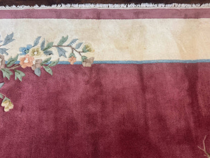 Indo Chinese Art Deco Rug 9x12, Pink and Ivory, Open Filed, Floral, Wool