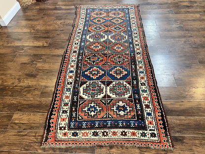 Antique Caucasian Kazak Runner Rug 4 x 9.5, Handmade Wool Rug for Hallway, Rare Colorful Panel Design Mid 19th Century 1870s Oriental Carpet