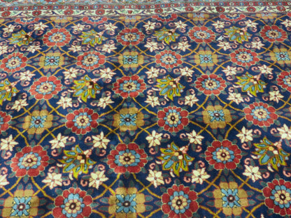 Navy Blue Antique Persian Rug 7x11, Veramin Mina Khani Repeated Allover Pattern, Vintage Authentic Hand Knotted Handmade Wool Room Sized Carpet