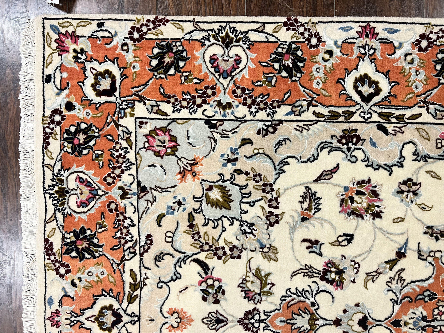 Persian Tabriz Rug 4.5  x 6.8, Finely Hand Knotted Wool with Silk Highlights Vintage Oriental Carpet, Cream and Salmon, High KPSI, Floral Medallion