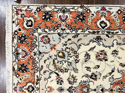 Persian Tabriz Rug 4.5  x 6.8, Finely Hand Knotted Wool with Silk Highlights Vintage Oriental Carpet, Cream and Salmon, High KPSI, Floral Medallion
