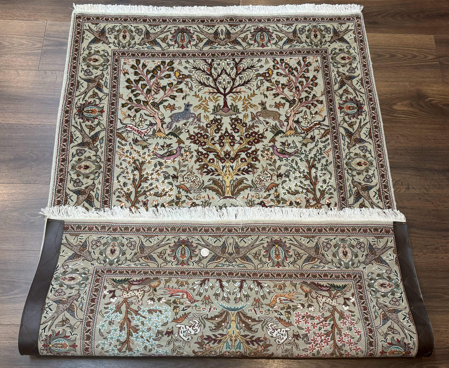 Persian Tabriz Rug 3x5 Tree Of Life With Birds And Animals Wool Silk Highlights
