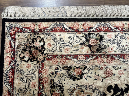 Indian Kashmiri Silk Rug, Floral Medallion, Vintage Hand Knotted Carpet